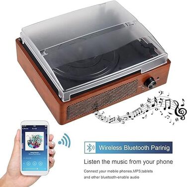 Вініловий програвач із Bluetooth, вбудованими динаміками, вінтажний програвач платівок із трьома швидкостями 33/45/78 об/хв, автостопом, RCA/Aux-in 3,5 мм