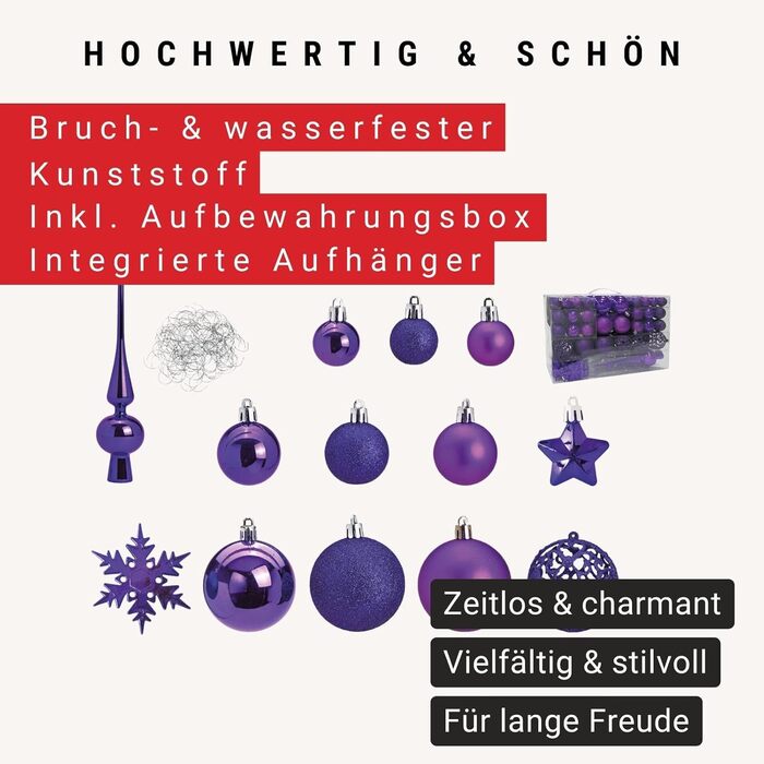 Набір ялинкових куль фіолетовий & 19 кольорів - Набір з 111 в т.ч. металевих гачків - Пластиковий декор та ювелірні вироби