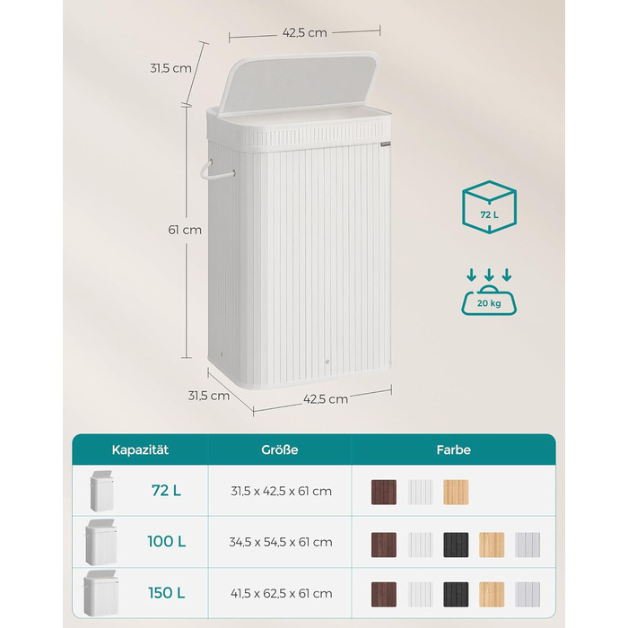 Кошик для білизни SONGMICS Бамбук, знімний мішок для білизни, 72 л, Cloud White, LCB062N01