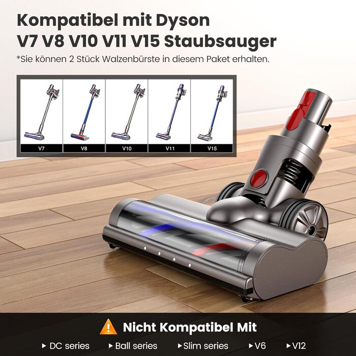 Турбо-щітка для підлоги з електродвигуном, сумісна з Dyson V7, V8, V10, V11, V15, електрична щітка з прямим приводом, аксесуари для насадки для підлоги для твердої підлоги та килимів (2 шт. и роликова щітка) з 4 лампами