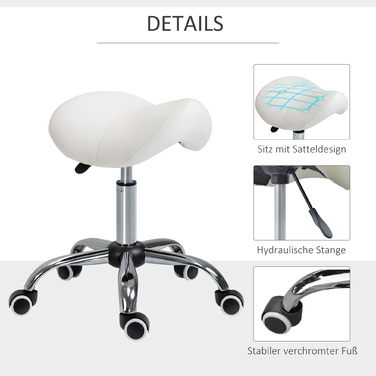 HOMCOM Rolling Stool Поворотний табурет з регульованим по висоті сідлом з оббивкою білого кольору для офісу та дому