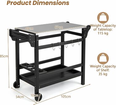 Гриль-візок Komfotteu з нержавіючою сталею, столиця для гриля, візок для сервірування з полицями для спецій, вина та гачками, для зони відпочинку