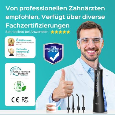 COSLUS Електрична душова лійка: 20 бар, IPX7, водонепроникна, 4 режими для догляду за порожниною рота, 5 інтенсивностей, чорна