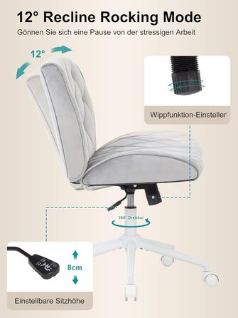 Крісло для дому та офісу Symino з регульованою висотою, функцією гойдання 12°, обшите штучною замшею, до 150 кг, сірий колір