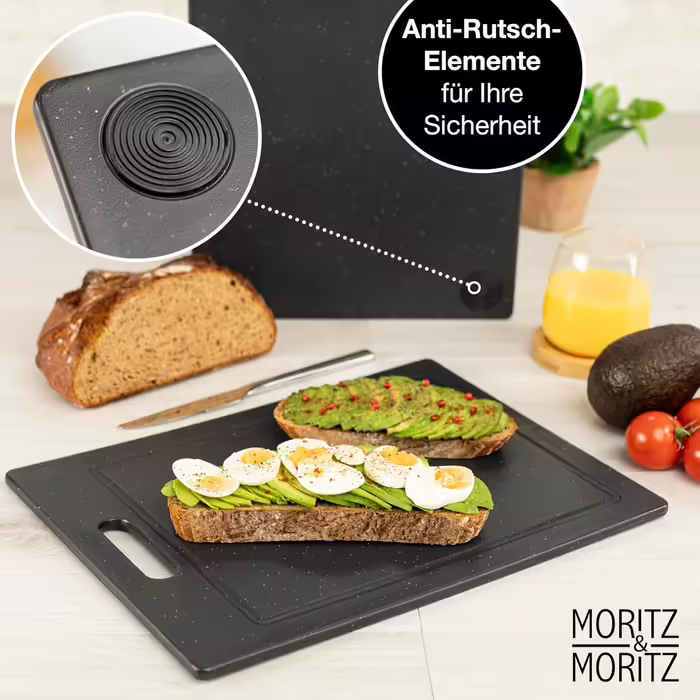 Набір обробних дощок Moritz & Moritz 2 шт. 36x27,5 см, пластик, без BPA, гранітний дизайн, з антиковзними ніжками та отвором для захвату, з канавкою для соку, чорні, великі для кухні