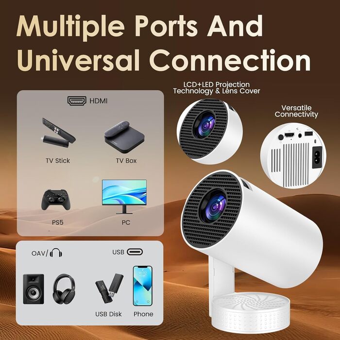 Портативний проєктор Mini Beamer 4K/1080p з Wi-Fi 6, Bluetooth 5.4, Android 13.0. Короткий фокус, поворот 270°, авто-корекція трапецеїдальних спотворень. Підтримка HDMI, TV Stick, Laptop, Memory Stick