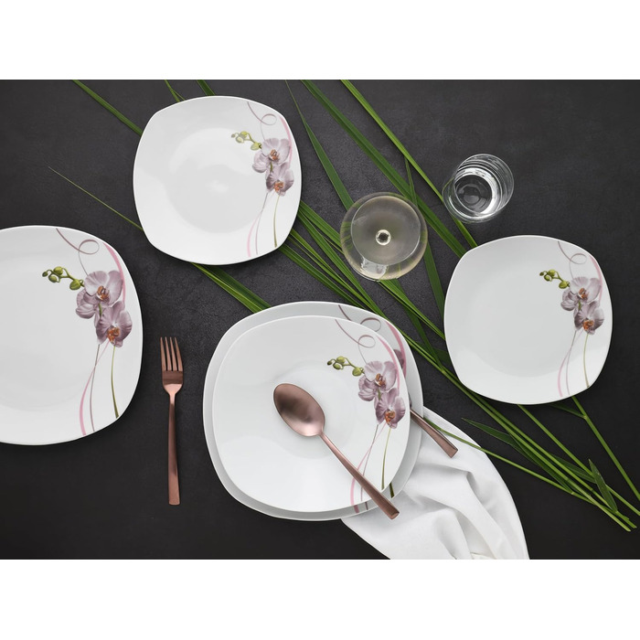 CreaTable Серія Square Orchidee: 18-частинний порцеляновий сервіз для 6 осіб (кавовий сервіз)