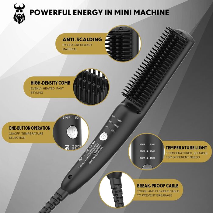 Випрямляч для бороди VIKICON для чоловіків, міні електричний випрямляч для бороди, гребінець для швидкої щітки з підігрівом 30 с, випрямляч для іонного волосся для укладання довгої та короткої бороди