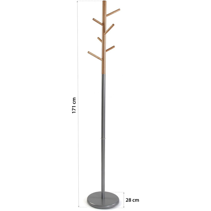 Верса Мальме Мінімалістична вішалка для одягу в передпокій, з 9 гачками для одягу або сумок, розміри (ВxШxГ) 171 x 28 x 28 см, метал та дерево, колір: сірий