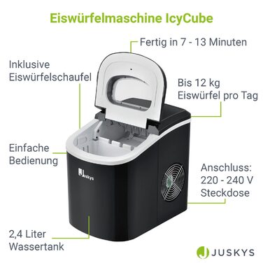 Машина для приготування кубиків льоду Juskys IcyCube - 12 кг/24 години, 7-13 хв, 100 Вт, резервуар для води 2,4 л, чорний