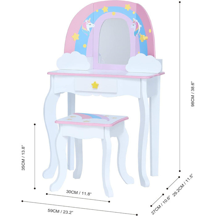 Туалетний столик Teamson Kids Fantasy Fields Rainbow з дзеркалом і стільцем, білий, TD-13543F