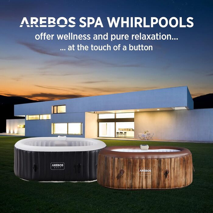 Надувний джакузі Arebos Whirlpool з LED-підсвіткою та підігрівом, 190x120 см, 90 масажних форсунок, 550 л, для 2 осіб, з кришкою