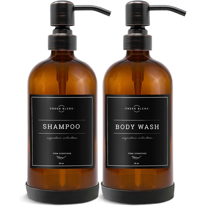 Набір дозаторів для мила 2 шт. з нержавіючою помпою, набір для кухні та ванної кімнати, скляні дозатори 475 мл, вологостійкі етикетки, колір: бронзовий