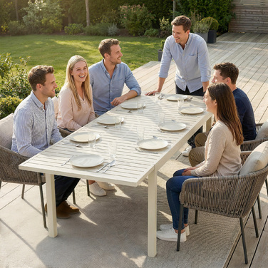 Розкладний обідній стіл з алюмінію 150/225 x 85 см для 6-8 осіб, прямокутної форми, з ламельною текстурою