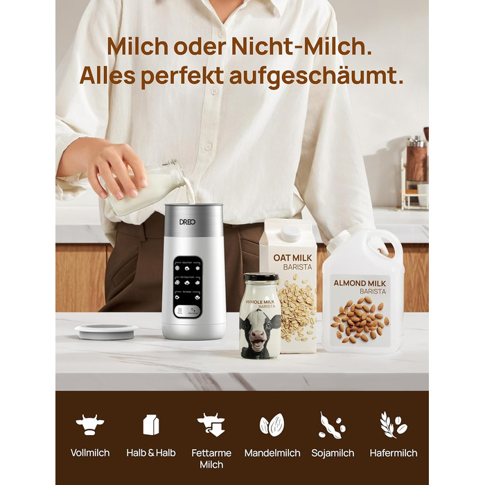 Dreo електричний спінювач молока 8-в-1 для лате арт, 270 мл, з підігрівом, LED, білий