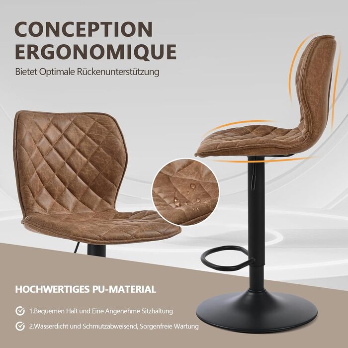 Барний стілець регульований по висоті з підніжкою та спинкою – 360° обертання, PU шкіра, набір 2 шт, коричневий