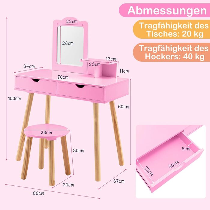 Детский туалетний столик COSTWAY 2-в-1 зі стільчиком та дзеркалом, з шухлядами, для дівчаток 3-7 років (Рожевий, без підсвічування)