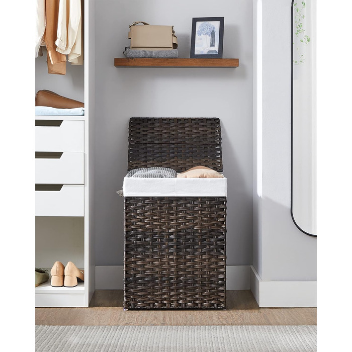 Кошик для білизни Songmics з кришкою, 90 л, з 6 мішечками, з лози, коричневий