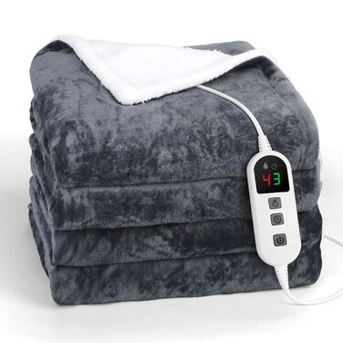 Електрична гріюча ковдра з автоматичним вимкненням, 10 температурних режимів, таймер до 9 годин, фланель та шерпа 160 x 130 см, придатна для прання в машині, захист від перегріву, сіра ковдра для софи та офісу 160x130CM