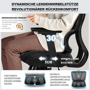 Ергономічне крісло для офісу, 4D підлокітники, регульована глибина сидіння, 4-ступеневий нахил, гумові колеса, сітчаста сидіння, висока спинка, для великих людей, Homeoffice & Gaming, ергономічне крісло для робочого столу (Чорний – з підставкою для ніг, с