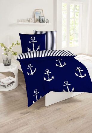 Комплект постільної білизни з м'якої бавовни в морському стилі, колір розмір (155 х 220 см 80 х 80 см, темно-синій і білий)