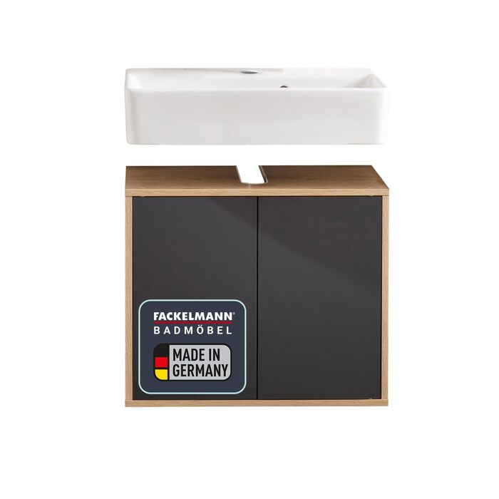 Тумба під раковину FACKELMANN Finn, коричневий світлий, 60 см, ретро стиль, Push-to-Open, без ручок, Made in Germany (Антрацит, тумба + раковина)