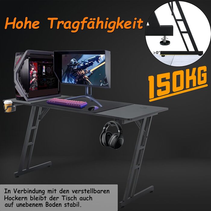 Ігровий стіл YRHome 120x60 см – стіл для комп'ютера з тримачем для напоїв, кабелепроводами та карбоновою поверхнею. Ергономічний стіл для геймерів та офісу, чорний (без LED). Розміри: 120 x 60 см