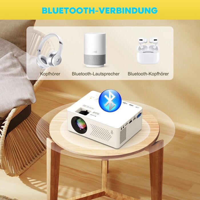 Mini проєктор Bluetooth Full HD 1080P: портативний проєктор для iOS, Android, Windows з пульт, 50% зум