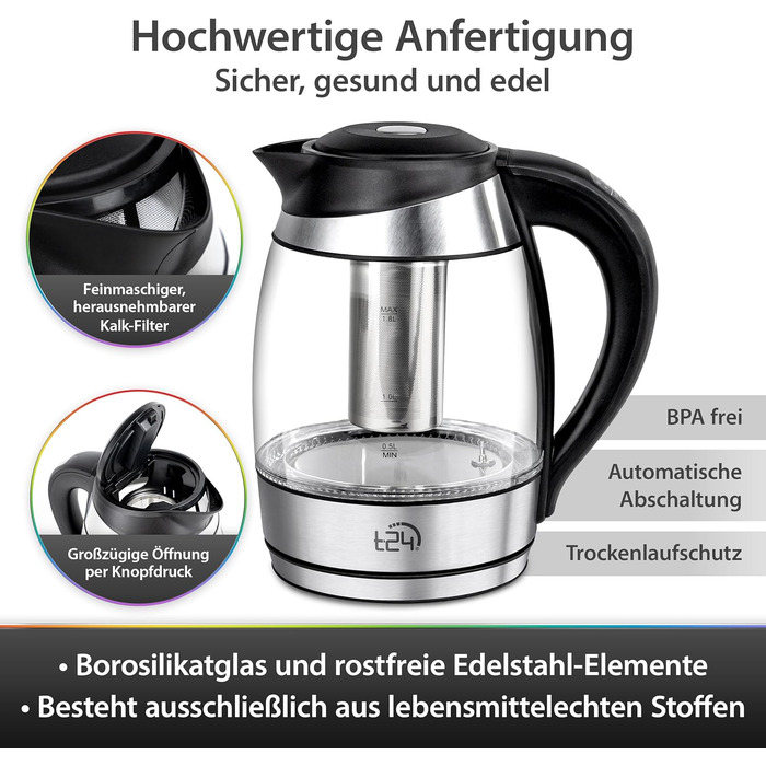 Скляний чайник, Чайник 1,8 л, Чайник з чайним ситечком, Чайник 2200 Вт, Колір світлодіодного освітлення в залежності від вибору температури Без BPA, Чайник, Чайник з гарячою водою з індикатором рівня води, 24