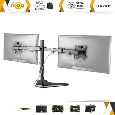 Підставка для монітора RICOO на 2 монітори, Dual Monitor Arm, TS3811, для 17-27 дюймів, PC Gaming, стіл