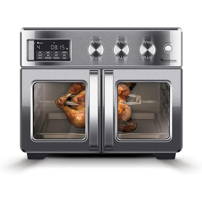 TurboTronic Міні-піч 4-в-1: Конвекційна піч, фритюрниця, дегідратор, гриль. Об'єм 32л, з поворотним шампуром та аксесуарами. Airfryer, піч для піци, міні-стіл (сріблястий)