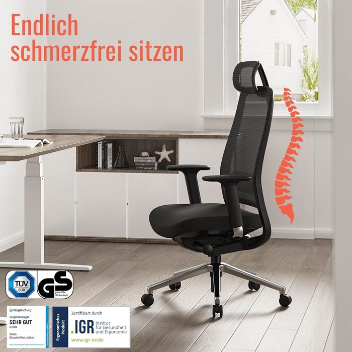 Крісло Yaasa Ergonomic для офісу та дому – ергономічне крісло з підтримкою попереку та регульованою спинкою – чорний колір, Expert
