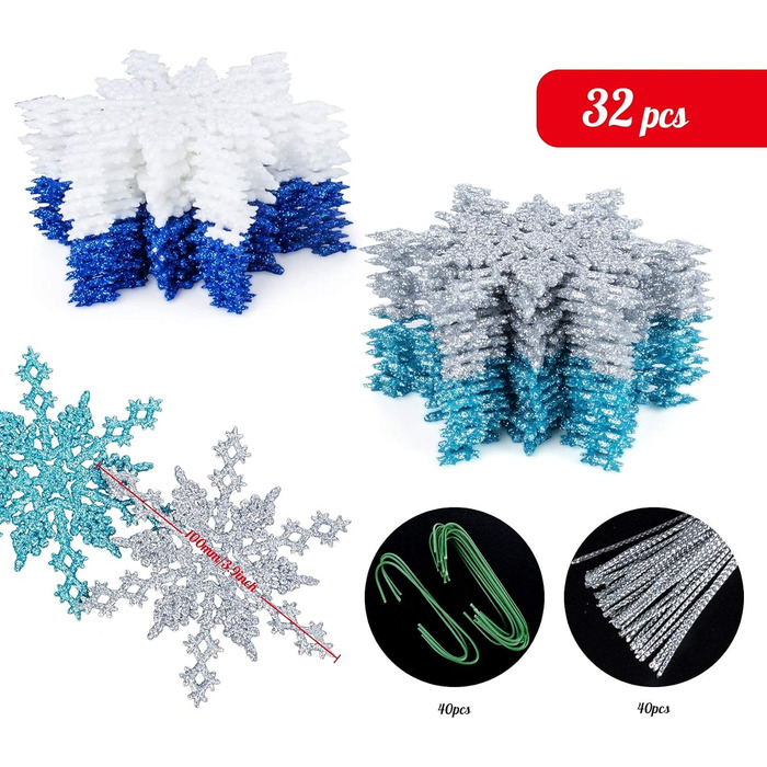 Підвісок для ялинкових прикрас зі сніжинками, набір пластикових ялинкових прикрас (4 кольори), 36 шт.