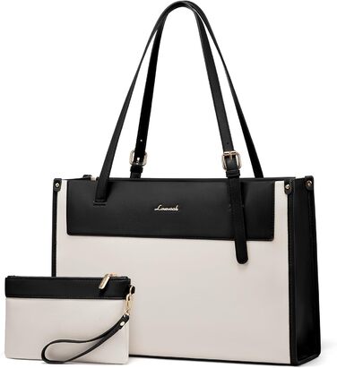 LOVEVOOK Сумка для ноутбука, жіноча велика водонепроникна сумка-шоппер з PU шкіри, для роботи, навчання, 15.6 дюймів (Чорний+бежевий)