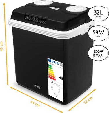 Електричний охолоджувач TZS First Austria 32 літри Підключення 12 вольт і 230 вольт з вилкою 12 В для автомобіля для кемпінгу, фестивалів і подорожей з функцією охолодження та збереження тепла чорний 32 л Чорний