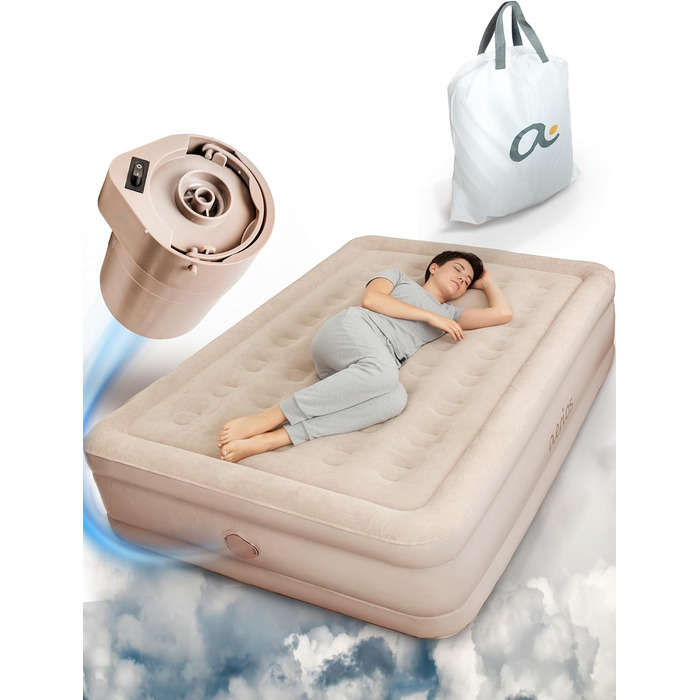 Надувне ліжко для 2 осіб - самонадувна повітряна матрац | Преміум гостьове ліжко без кабелю живлення - вбудований USB-C насос | Надувне ліжко - виберіть розмір зараз! (Бежевий, двоспальне)