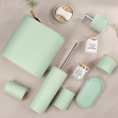 Набір аксесуарів для ванної кімнати IMAVO, 9 предметів: сміттєвий бак, дозатор мила, мильниця, тримач для зубних щіток, стакан для зубних щіток, тримач для унітазного йоржика, дозатор ватних паличок (зелений, 26 предметів + душова завіса + килимки)