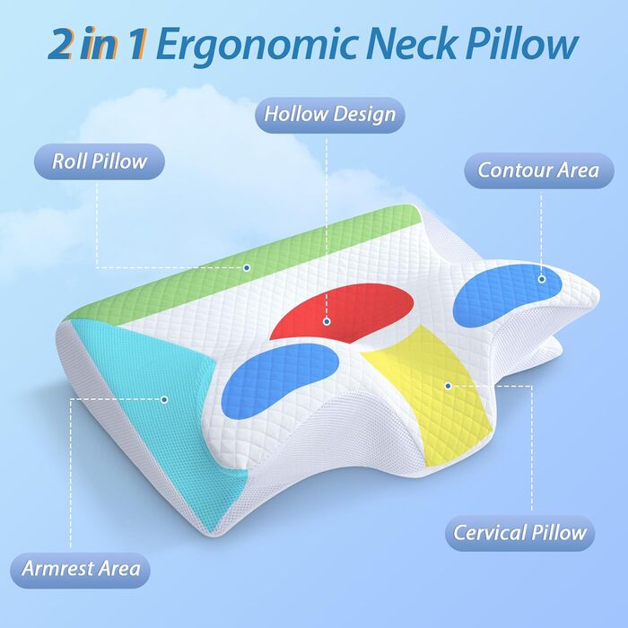 Ортопедична подушка HOMCA 2 в 1 з Memory Foam для сну на спині, боці та животі, 60x40x12/14 см, біла