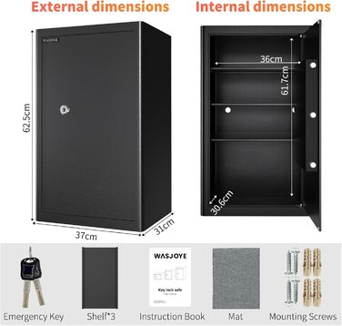 Safe Tresor з ключем WASJOYE: великий настінний сейф для грошей, ювелірних виробів, документів (45x35x31см, 67л)
