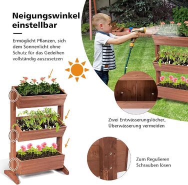 Вертикальна грядка COSTWAY з 3 рівнями, 6 контейнерами для квітів, дерев'яний ящик для тераси, балкона або саду 126x90x115 см (коричневий)