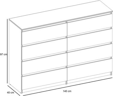 Комод 8 шухляд 140x40x97 см Білий Багатофункціональний комод без ручок Modern для передпокою/спальні