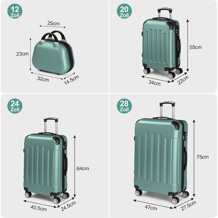 Набір валіз LALAHO 4 шт. з косметичками, з ABS пластику, турецький, з захисними куточками (смужки)