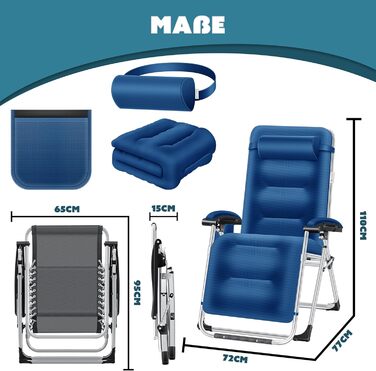 Шезлонг KESSER® для саду, широке крісло, водостійкий, вантажопідйомність 200 кг, ергономічна подушка, регульована спинка, підголовник, тримач для напоїв, підлокітники та бічна кишеня (без сонцезахисного даху), колір: темно-синій