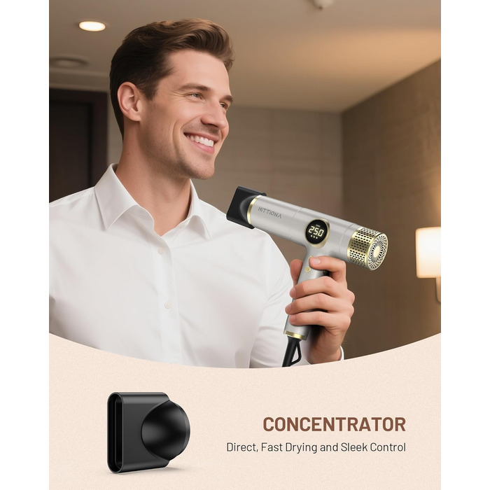 Іонічний дорожній фен HITTIONA 3 в 1 з диффузором, золото: швидке сушіння, подвійна напруга (100-240V), низький рівень шуму