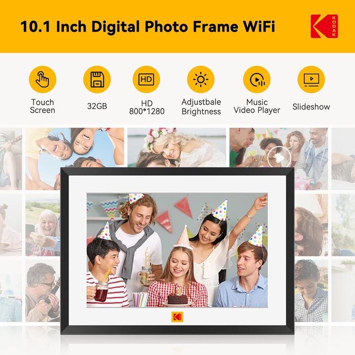 Цифровий фоторамка Kodak WiFi 10,1 дюйма, вбудований 32GB, сенсорний екран 1280x800, акумулятор 4000mAh (Чорний)