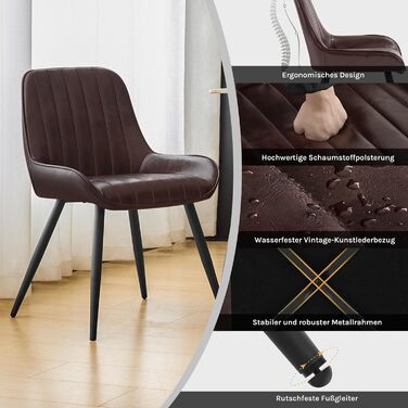 Крісла для їдальні Lestarain (2 шт.), для кухні, вітальні, їдальні. Ретро стиль, м'яке сидіння, металеві ніжки, до 150 кг, штучна шкіра, темно-коричневий