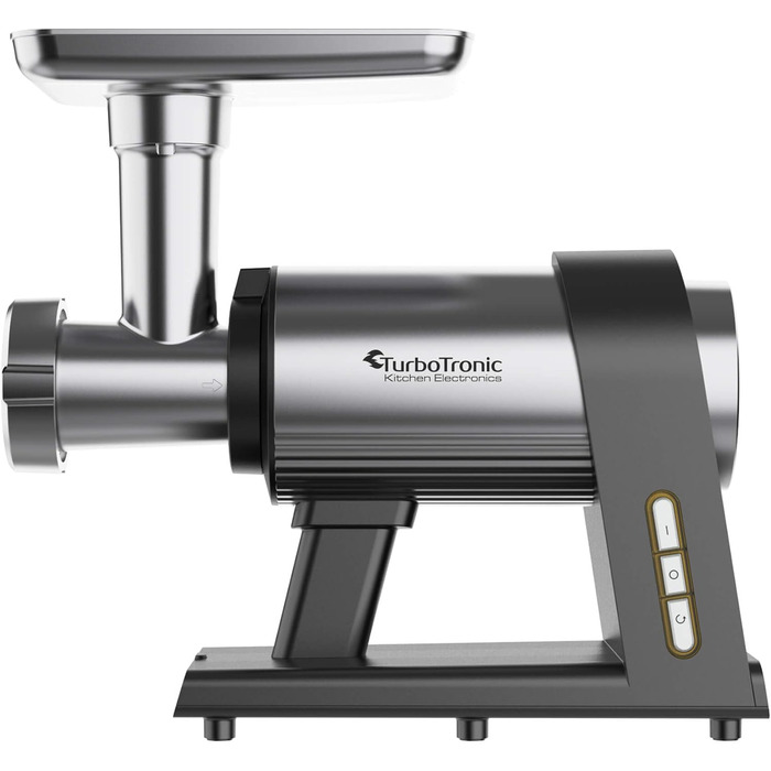 Електрична м'ясоподрібнювач TurboTronic Samurai 2600W з набором аксесуарів: для ковбас, печива, кеббе та подрібнення овочів. Корпус з нержавіючої сталі, металеве редукторне зчеплення.