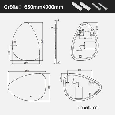 Асиметричне дзеркало для ванної кімнати Boromal з підсвічуванням 80x80 см, LED, сенсорний вимикач, 3 кольори, регулювання яскравості
