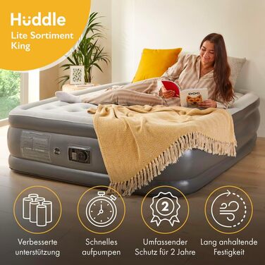 Надувне ліжко Huddle Lite з вбудованим насосом – комфортна матрац для кемпінгу, гостей та запасних кімнат (одинарне, двоспальне, king size)