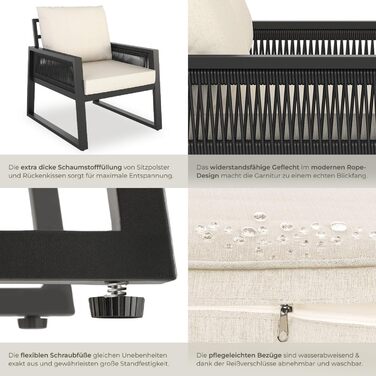 Набір садово-розкладних меблів tectake® Rope Design: 2 крісла, диван, стіл, подушки, для саду/балкону, 4 посадочні місця, вологостійкий, стиль 3